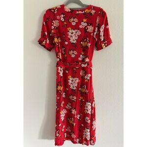 Loft Midi Dress Womens 6P Red Floral Short Sleeve Bleted‎ Career Preppy Modest